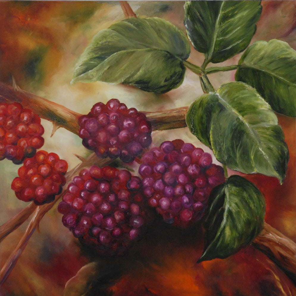 Painting of raspberries and green leaves on a branch