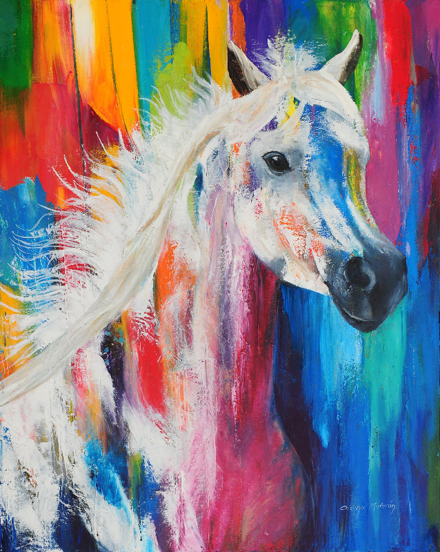 Equinus Waving I Colorful abstract painting of a horse with vibrant strokes