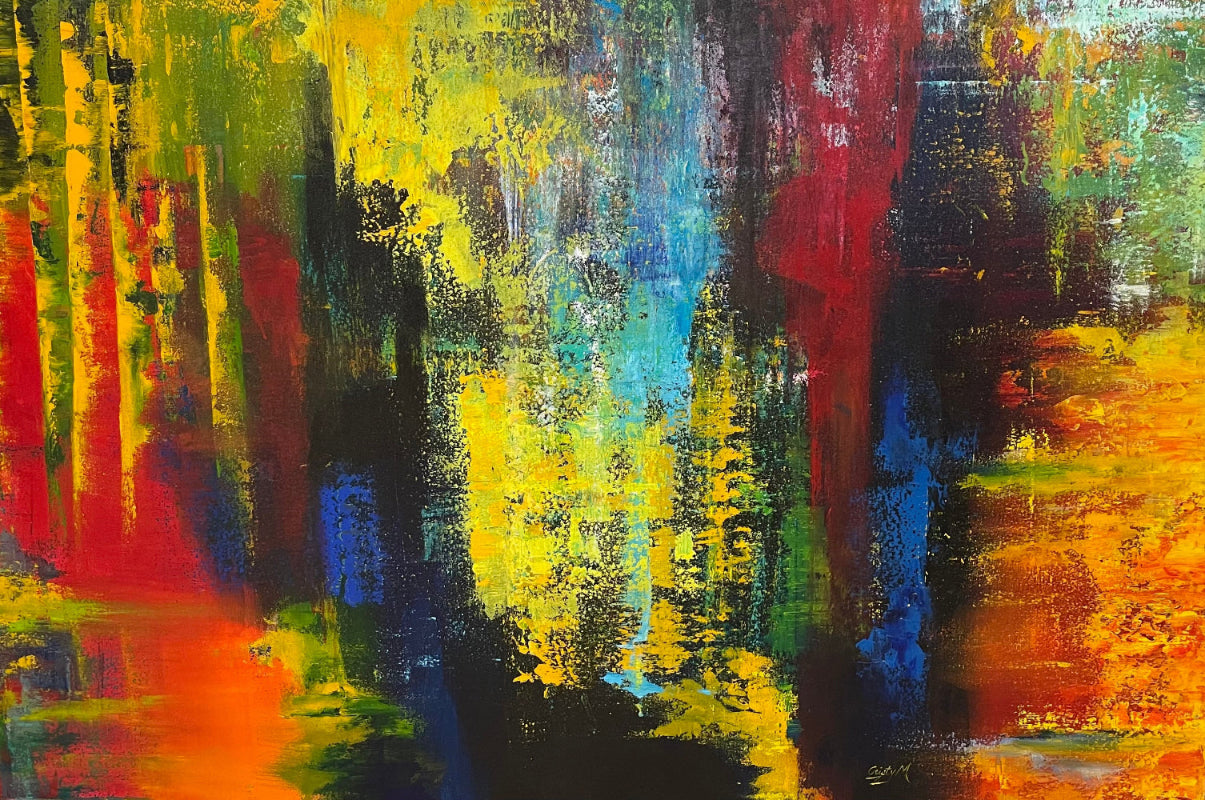 Abstract painting with a mix of red, yellow, blue, and black colors.