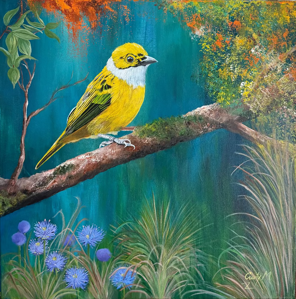 painting of a silver-throated tanager on a branch with flowers and foliage.