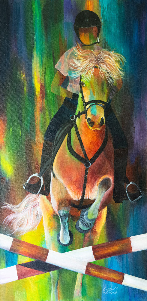 painting of a horse and rider jumping over a fence.