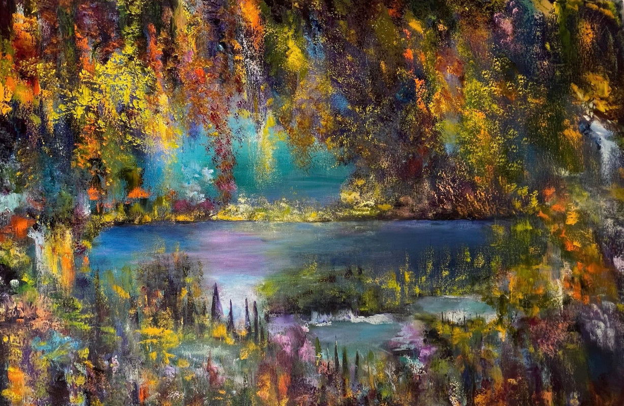 Colorful landscape painting with a lake and trees