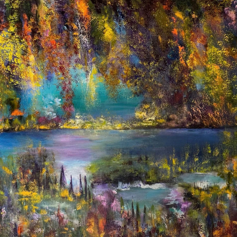 Colorful landscape painting with a lake and trees