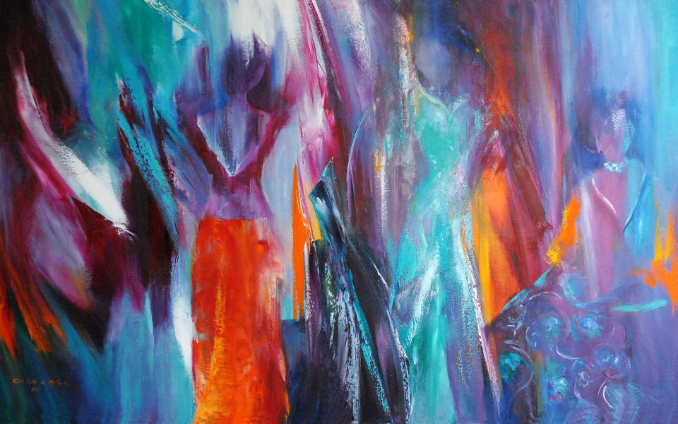 Abstract painting with vibrant colors and dynamic brush strokes