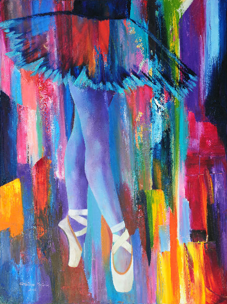 Abstract painting of a ballerina's legs in pointe shoes on a colorful background