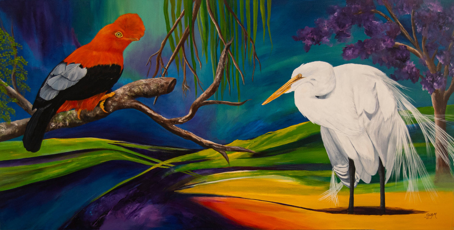 cock-of=the rock bird and a heron