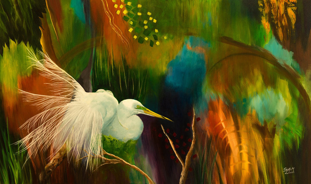 Colorful painting of a white egret in a natural setting
