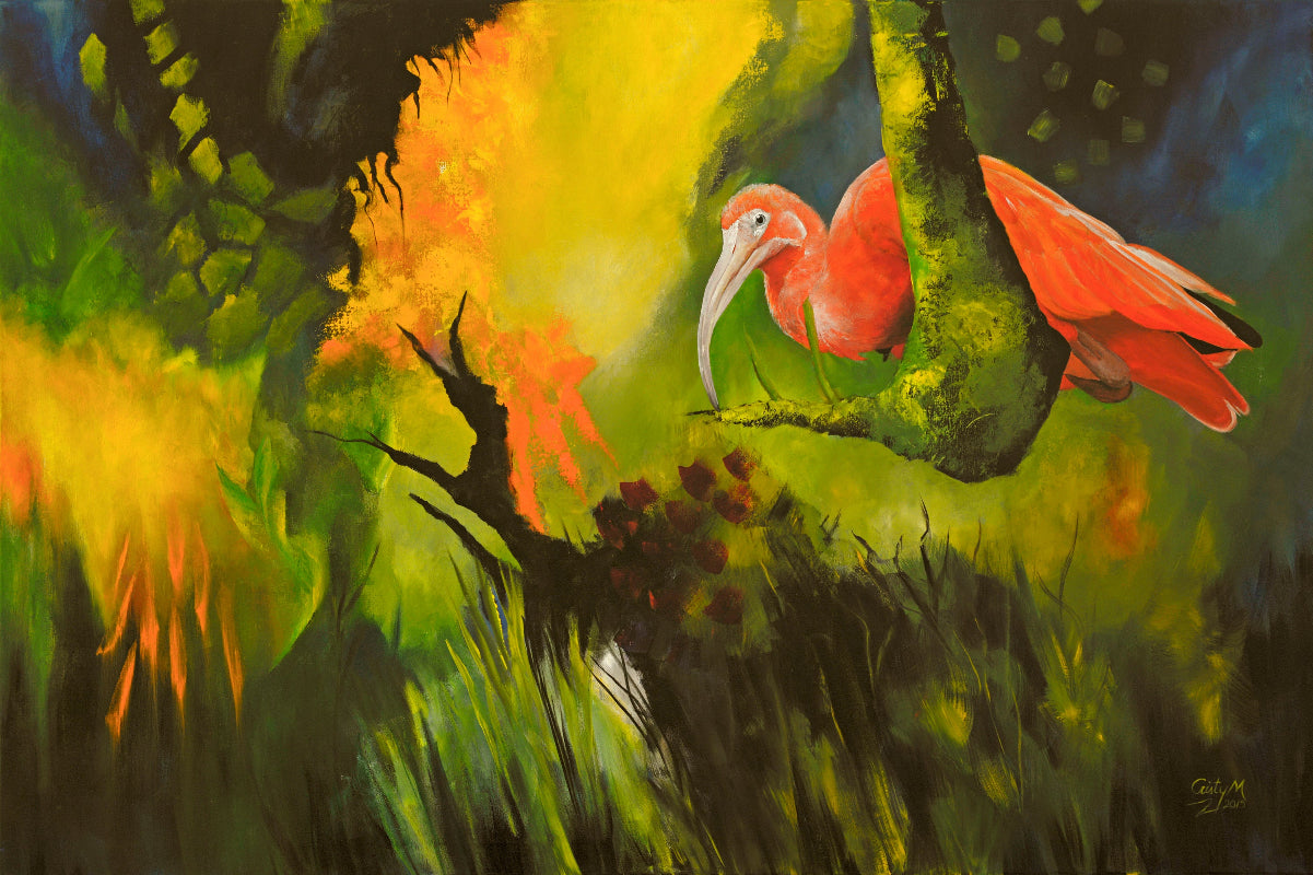 painting of a red ibis bird perched on a branch with vibrant green and orange foliage.