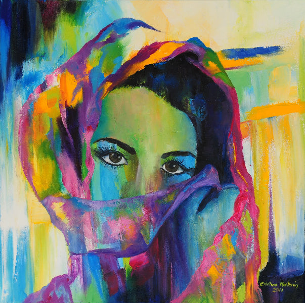 Colorful abstract painting of a face with vibrant hues
