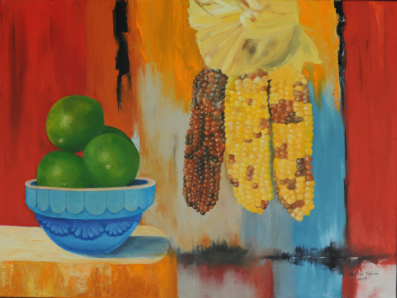 Painting of a blue bowl with limes and corn on a colorful background