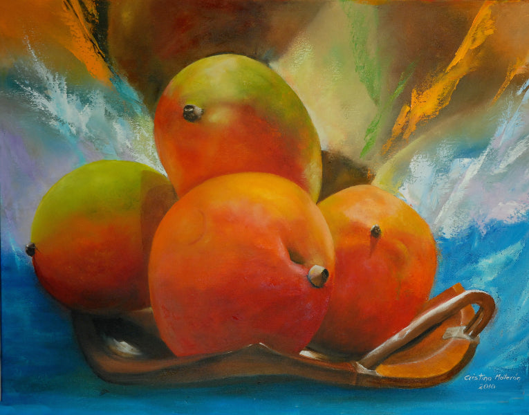 Artistic depiction of mangoes  in a tray with a colorful abstract background