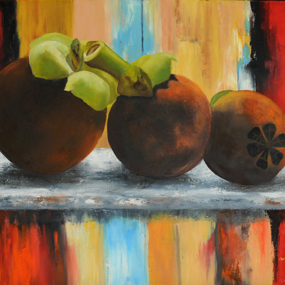 Artistic depiction of three mangosteen on a colorful abstract background