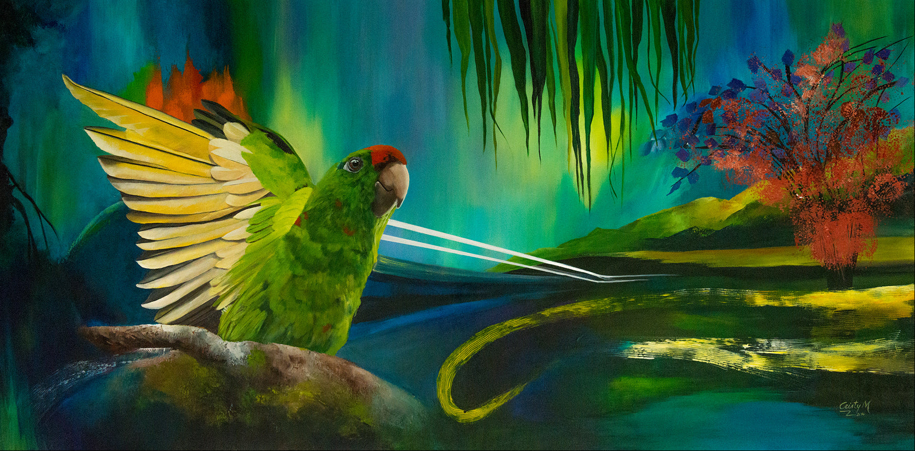 Colorful parrot in a tropical setting with vibrant greenery and water.