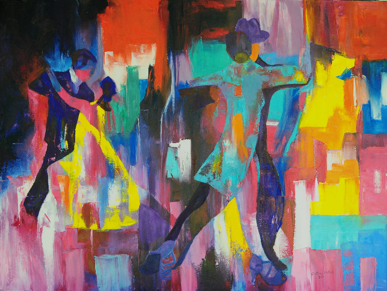 Abstract painting of two couples dancing tango against a colorful background