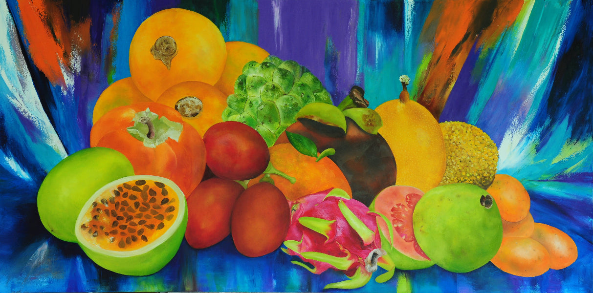 Colorful still life painting of tropical fruits and vegetables on a blue background