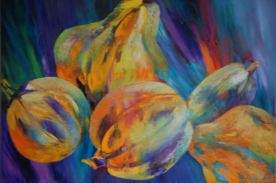 Colorful abstract painting of pumpkin and squash on a dark background