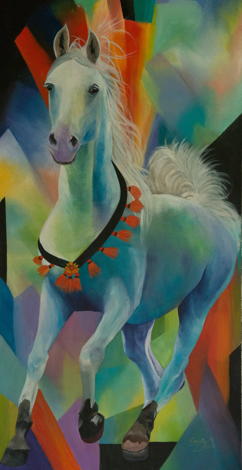 Colorful painting of a horse with abstract background