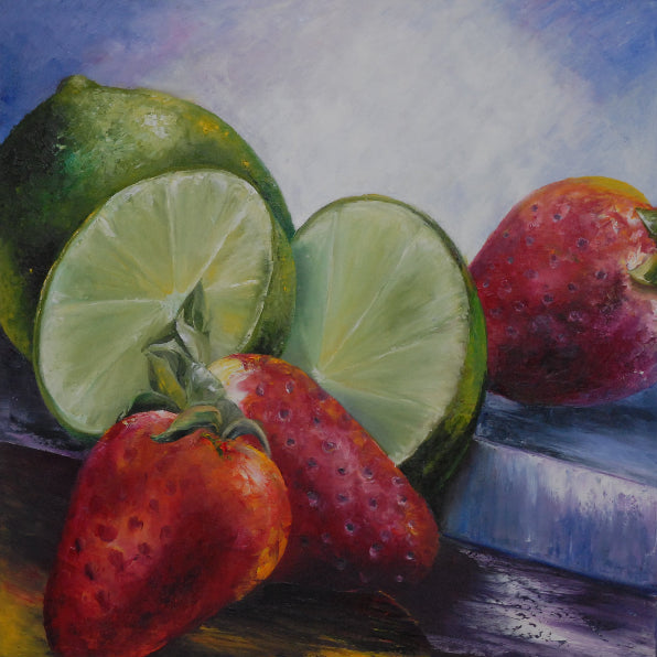 Painting of sliced limes and strawberries on a textured surface