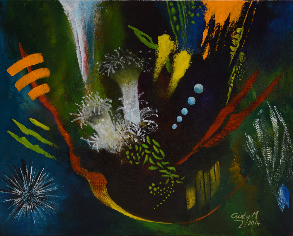 Underwater scene with marine life and a fish.