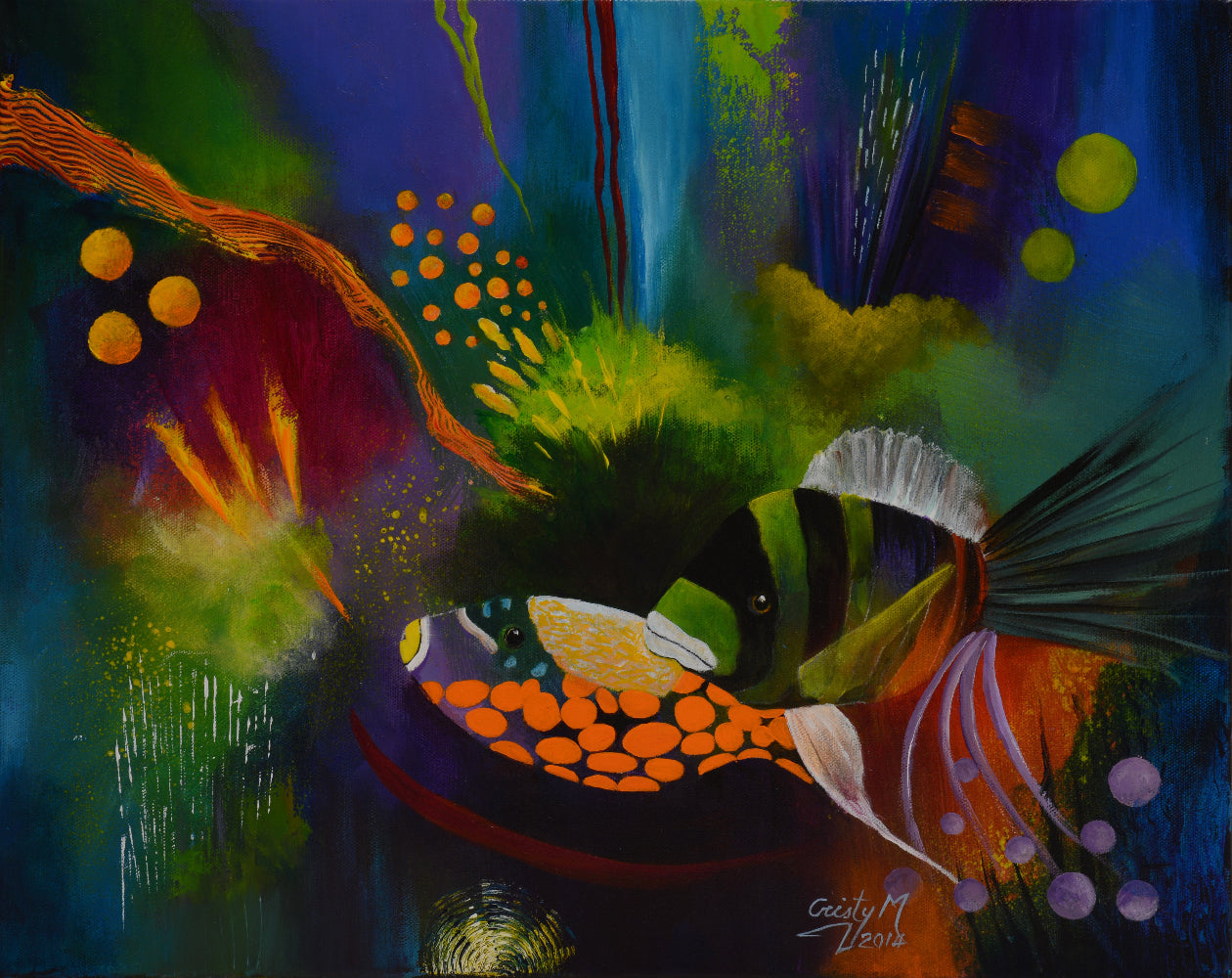 Abstract painting with fish and underwater elements