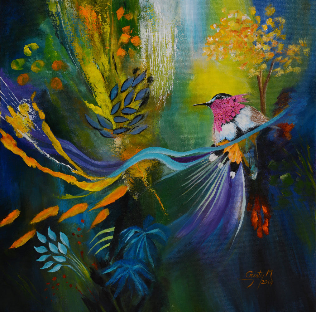 Colorful painting of a hummingbird perched on a branch with flowers and leaves in the background