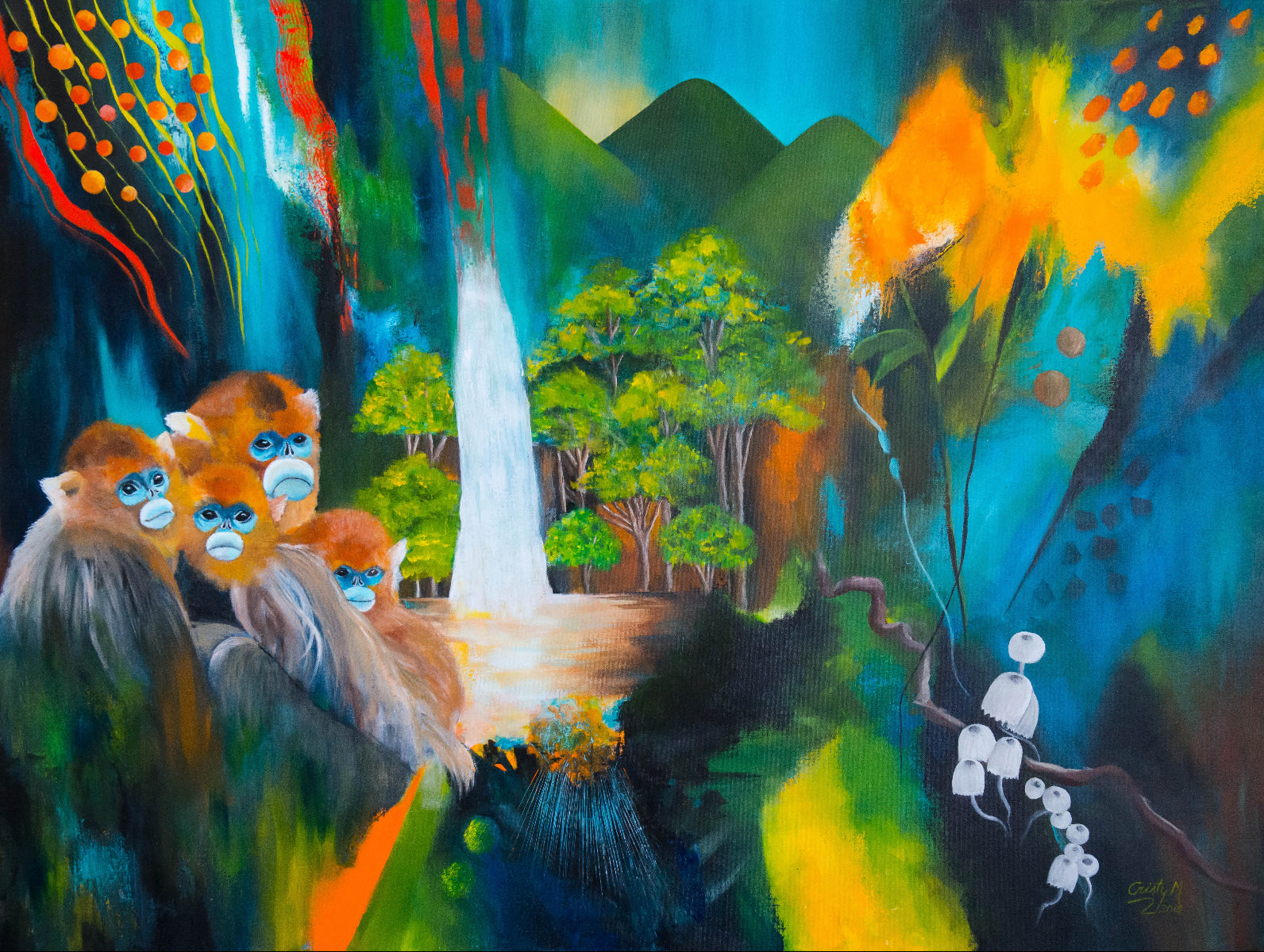 Colorful painting of monkeys in the Amazon jungle with a waterfall