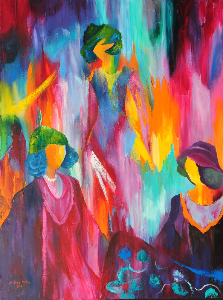 Abstract painting with colorful figures and vibrant strokes