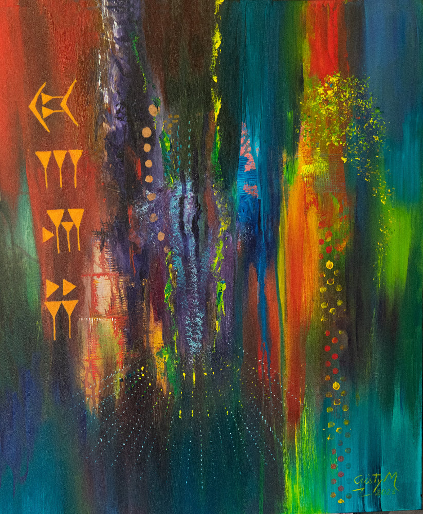 Abstract painting with vibrant colors and geometric patterns