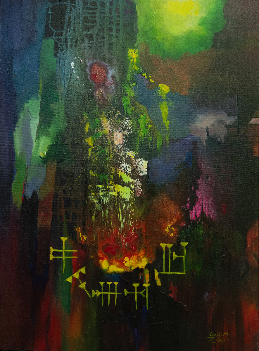 Abstract painting with vibrant colors and symbols