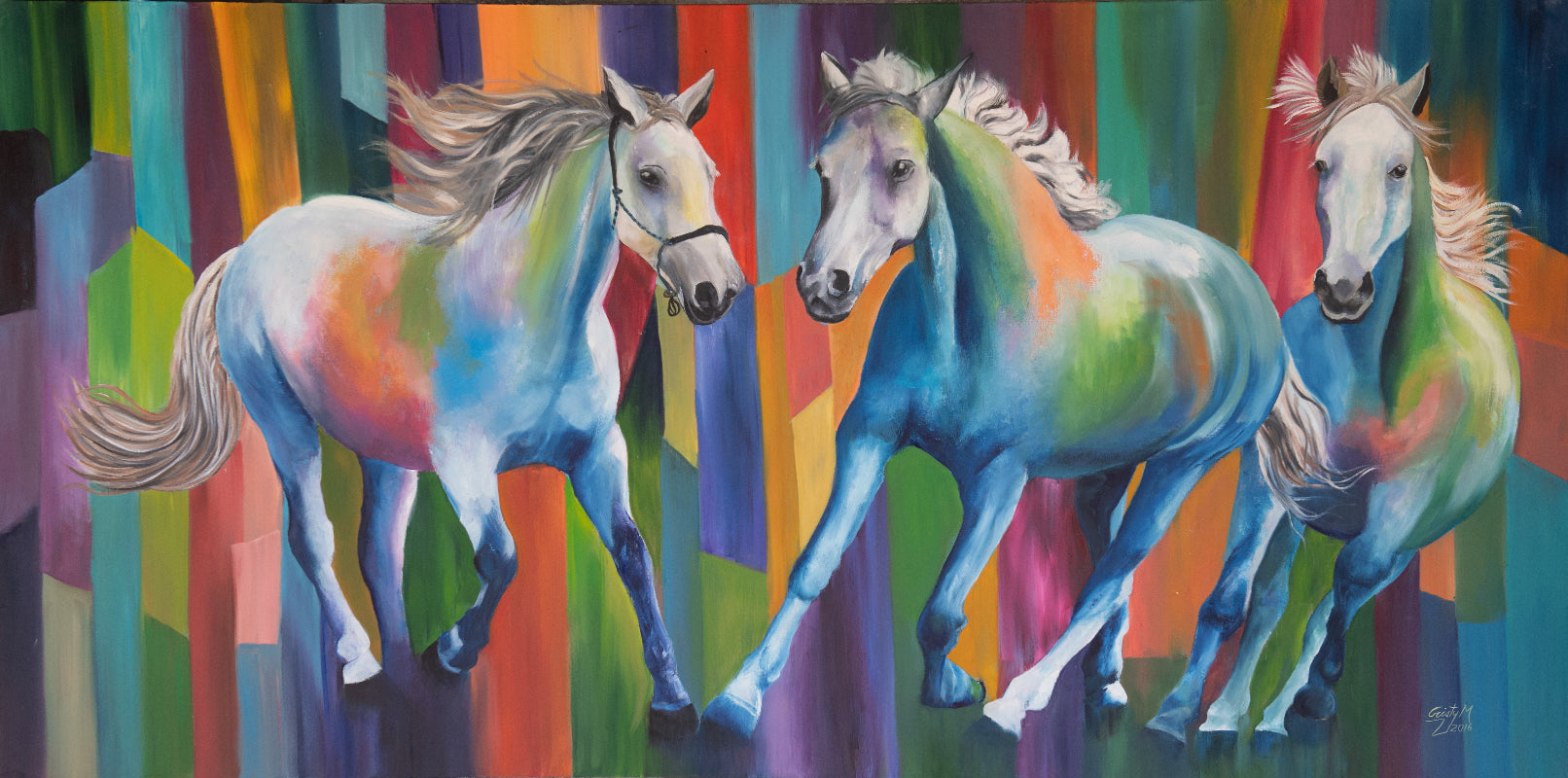 Colorful painting of three horses running against a vibrant, abstract background.