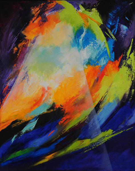 Abstract painting with vibrant colors on a dark background