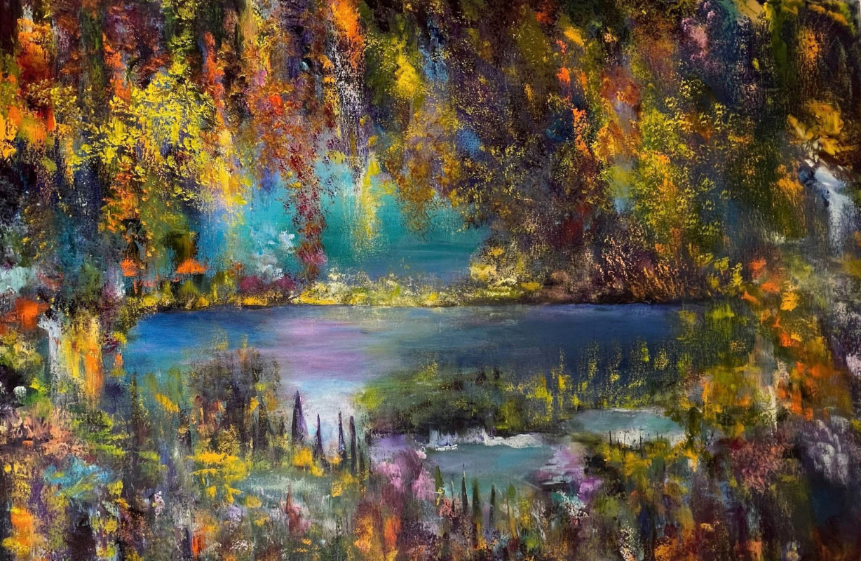 Colorful landscape painting with a lake and trees