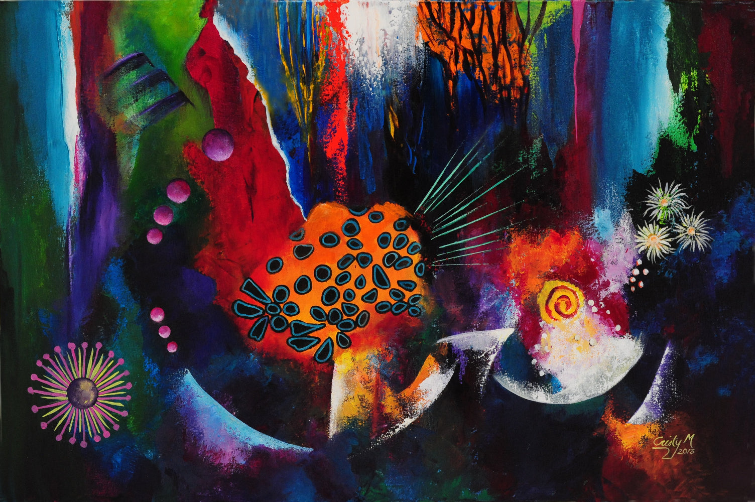 Abstract artwork with vibrant colors and marine 