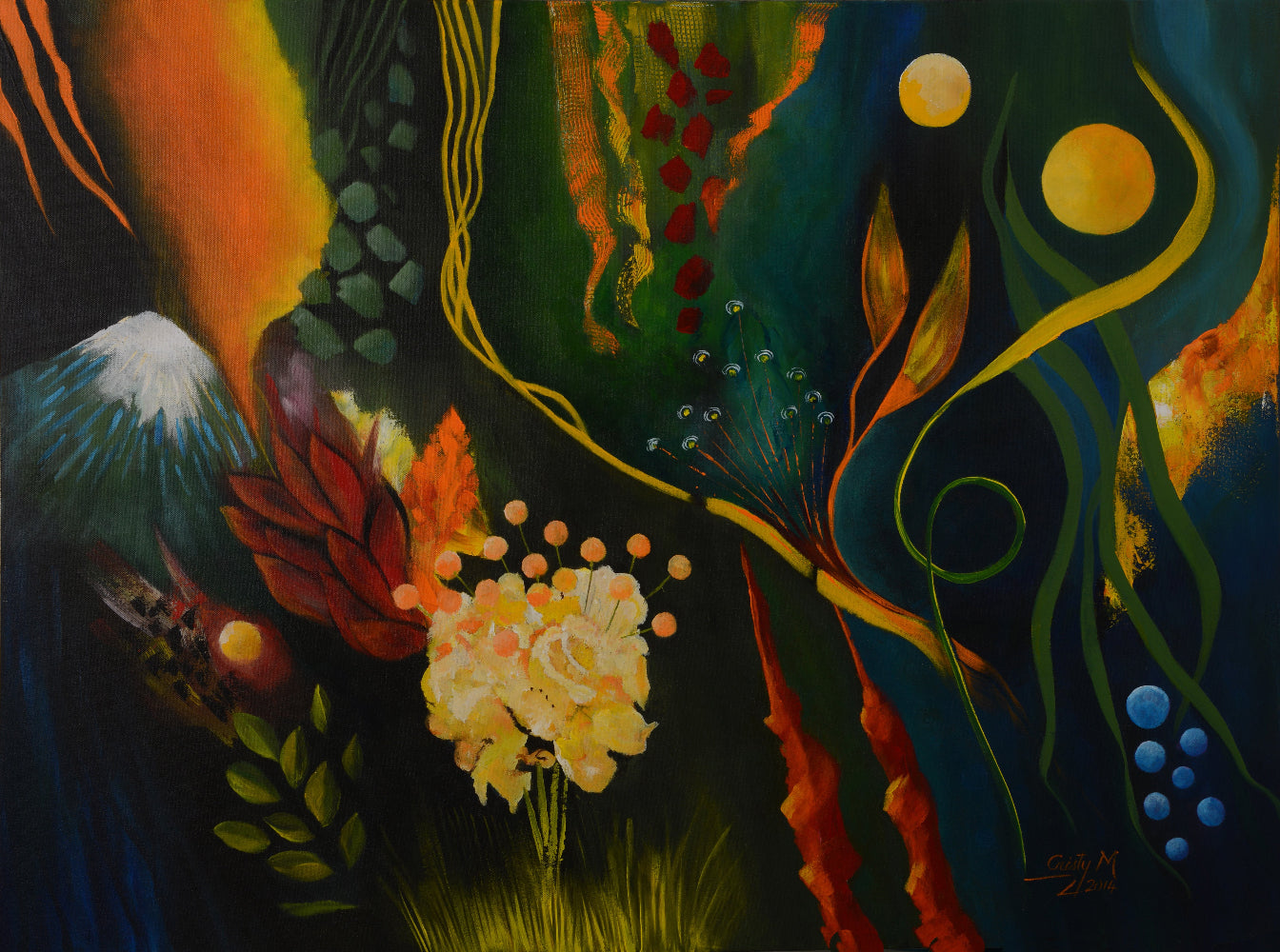 Colorful abstract painting with floral elements and swirling patterns