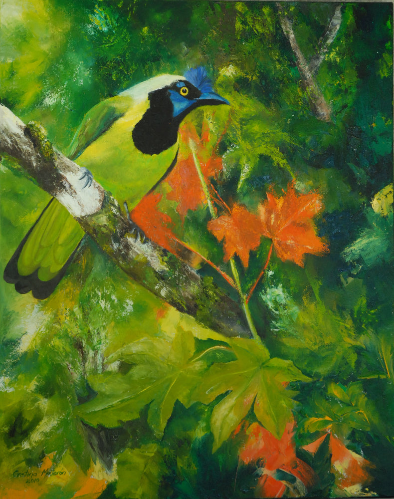 Painting of a green jay on a branch with orange flowers and green leaves