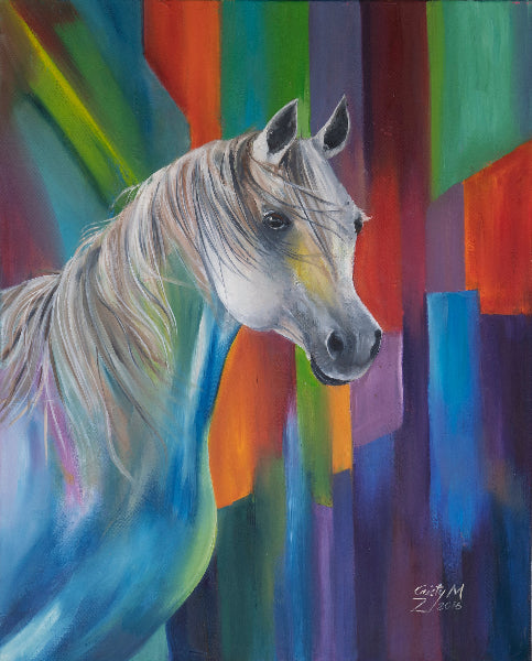 Painting of a horse with a colorful abstract background
