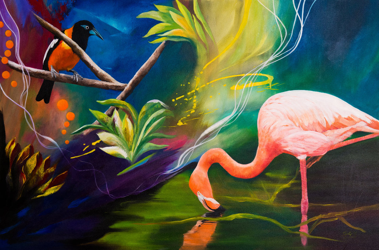 American Flamingo and Venezuelan Troupial