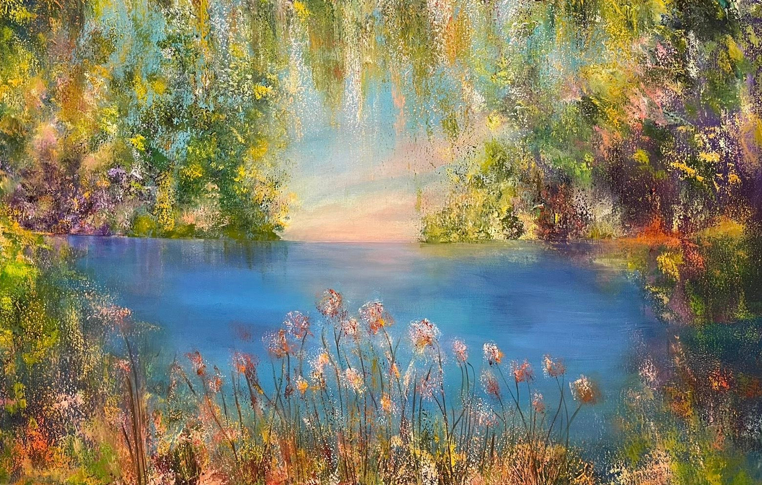Landscape painting of a serene lake surrounded by trees and flowers