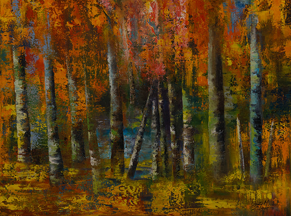 Abstract painting of trees with autumn colors