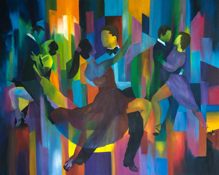 Colorful abstract painting of people dancing tango
