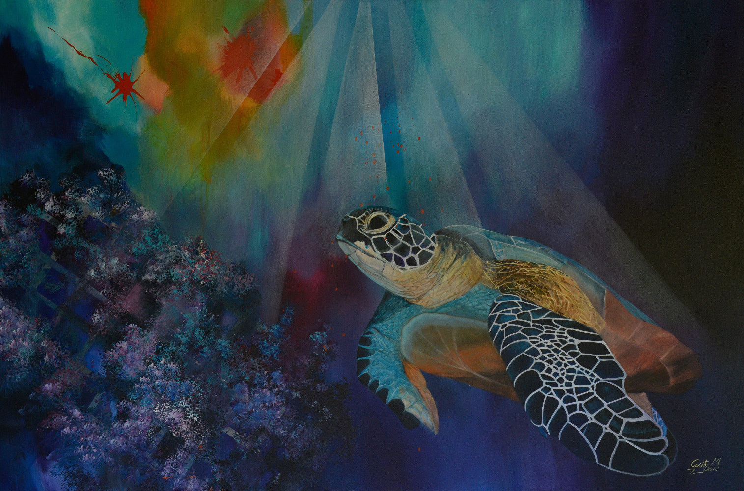 Painting of a turtle swimming underwater with colorful light effects